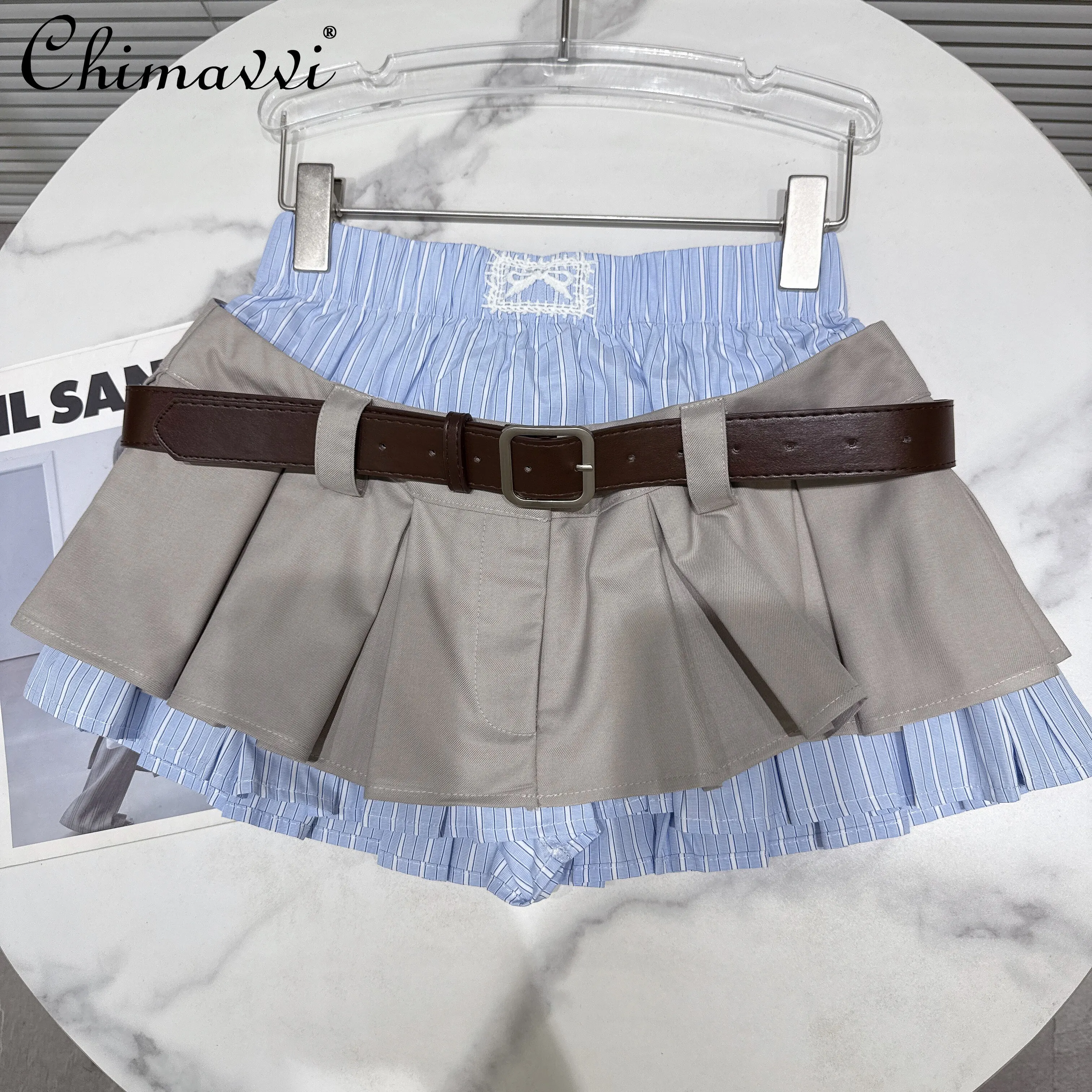 

2026 Summer Korean Elegant Preppy Style Sweet Cool Girl JK Y2K Skirt High Waist Striped Splicing Belt Mini Pleated Skirts Women