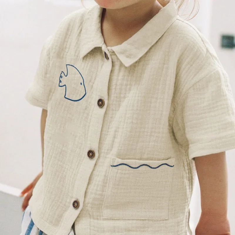 Boys And Girls Printing Embroidery Short Sleeved Shirt 100% Cotton Double Layer Crepe Casual Lapel Buttons Summer Cardigan Tops