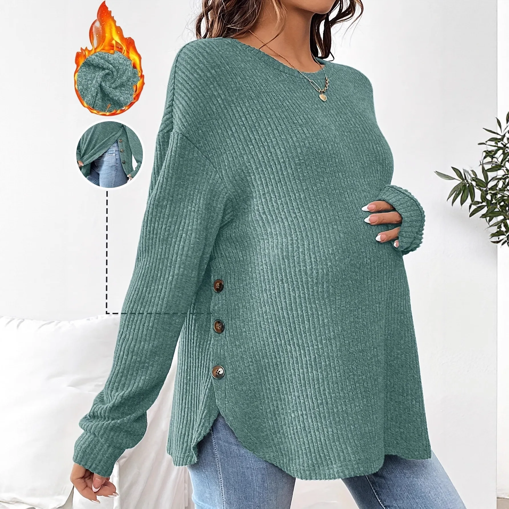

Euro-American Style Maternity Wear 2025 Autumn Winter Casual Pullover Round-Neck Long-Sleeve Button-Detail Loose Fit Tee Tops