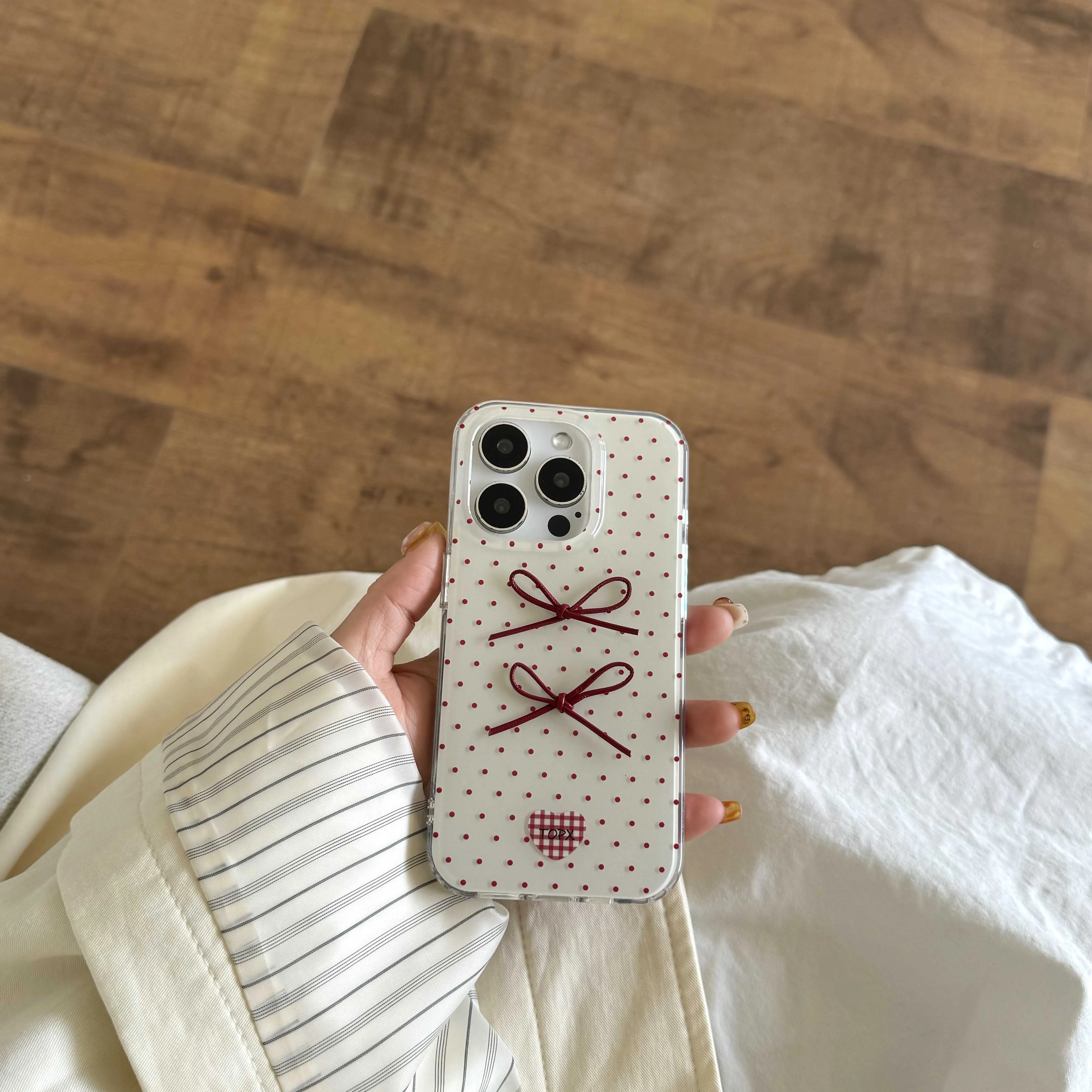 3D Leather Bowknot Ins Points Red Shell For Iphone 16Pro 12 16 13 14ProMax 14 15 Pro Max 15ProMax 13Pro 2Pro Winter Phone Case
