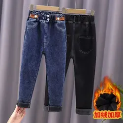 New Winter Thick Warm Fleece Girls Straight Jeans Boys High Waist Thicken Fashion Warm Denim Pants Cowboy Trouser