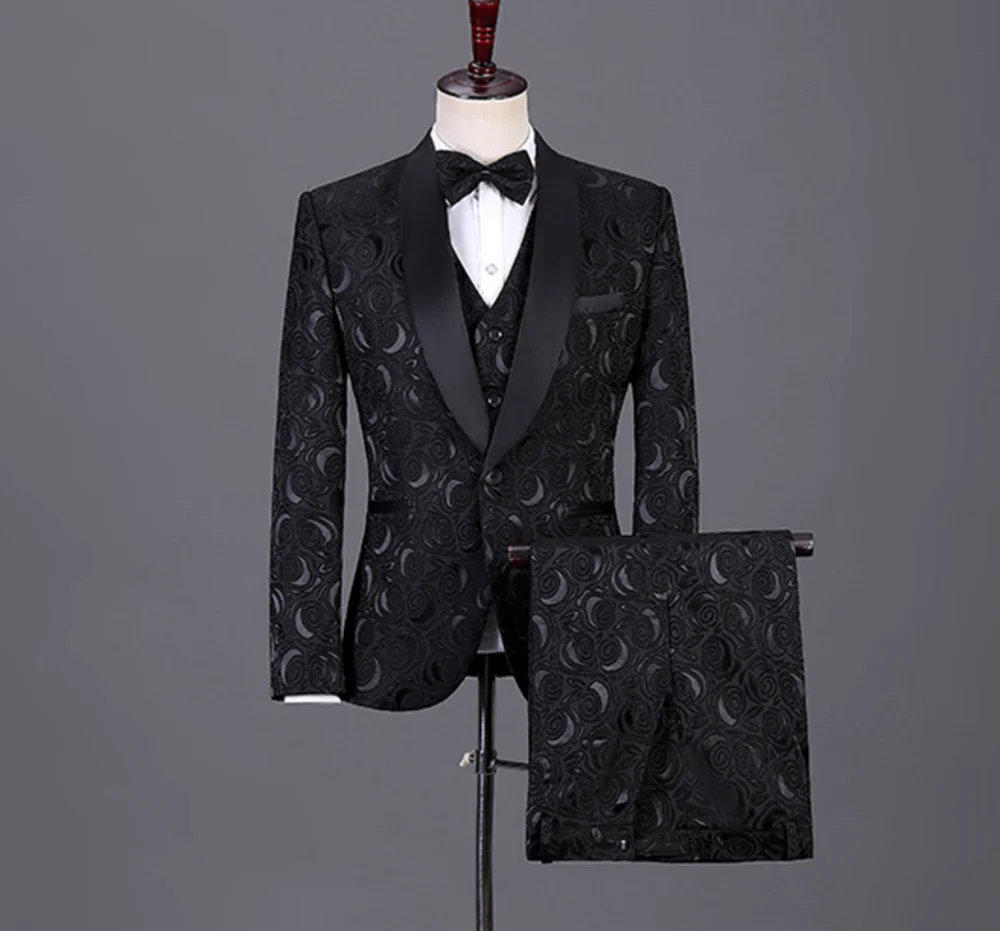 

Jacquard Men's Suits 3 Piece Blazers Vest Pants Shawl Lapel Slim Business Casual Style Party Wedding Groom Tuxedos