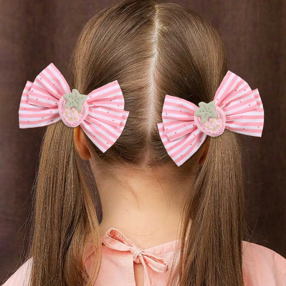 2PCS Pink Stripe Bow Hair Clip Sweety Strawberry Children Headwear Hair Accessories Kids Barrettes Litter Princess Hairpins