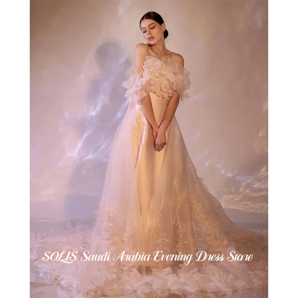 

SOLIS Blush Pink Evening Dress Off the Shoulder Prom Dresses with 3D Floral Tulle Train Party Formal Gown robe de bal Customized