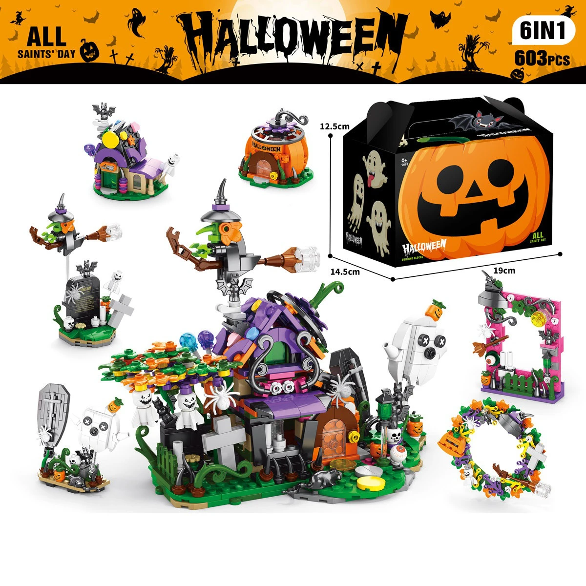 6-in-1 Halloween Building Blocks Set Creative MOC DIY Haunted House Pumpkin Lantern Candy Train Kids Gift Educational Toy