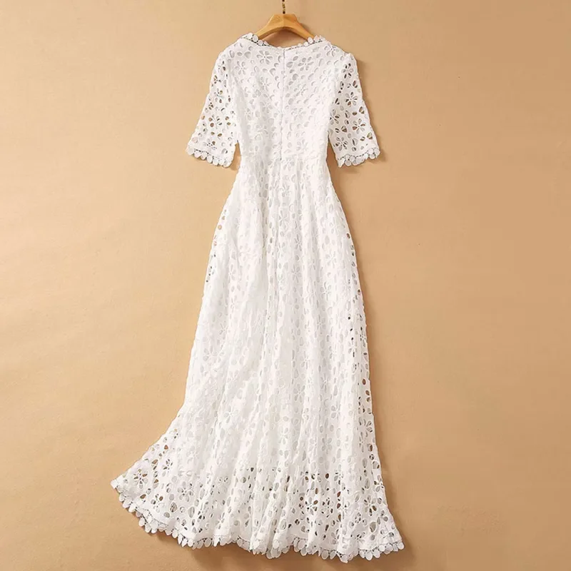 

2023 Female Fashion New Clothing Hollow Out Embroidery V Neck Half Sleeve High Waist Elegant Dress For Women