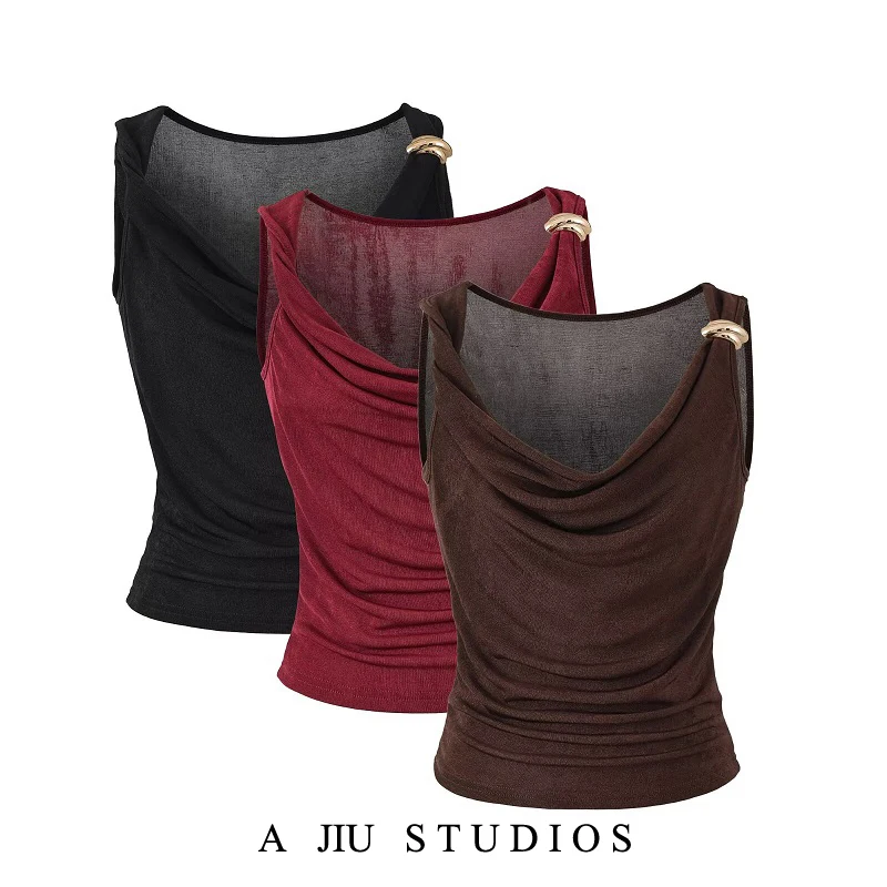 Slim Fit Short Sleeveless Vest Women's Summer Outerwear Design Sensual Shoulder Twist Neckline Pure Color Casual Top