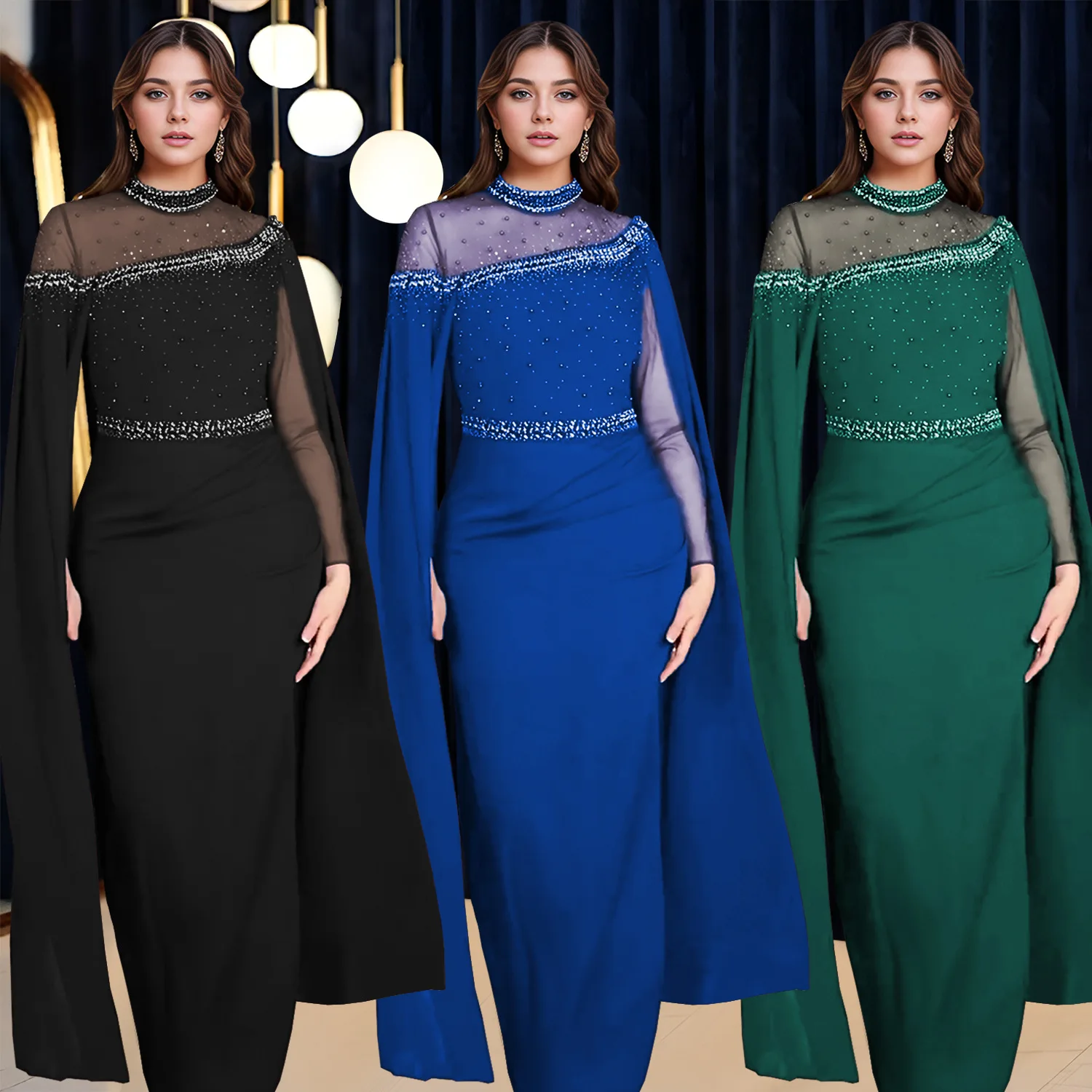 

Индивидуальный женский европейский и американский модный костюм для взрослых, шифоновое сетчатое вечернее платье с короткими рукавами и бриллиантами