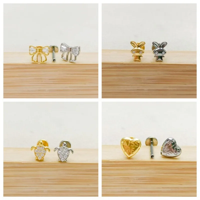 Ins European Niche Titanium Cute Bow Rabbit Heart Piercing Stud Zircon Cartilage Helix Labret Medusa Piercing Body Jewelry