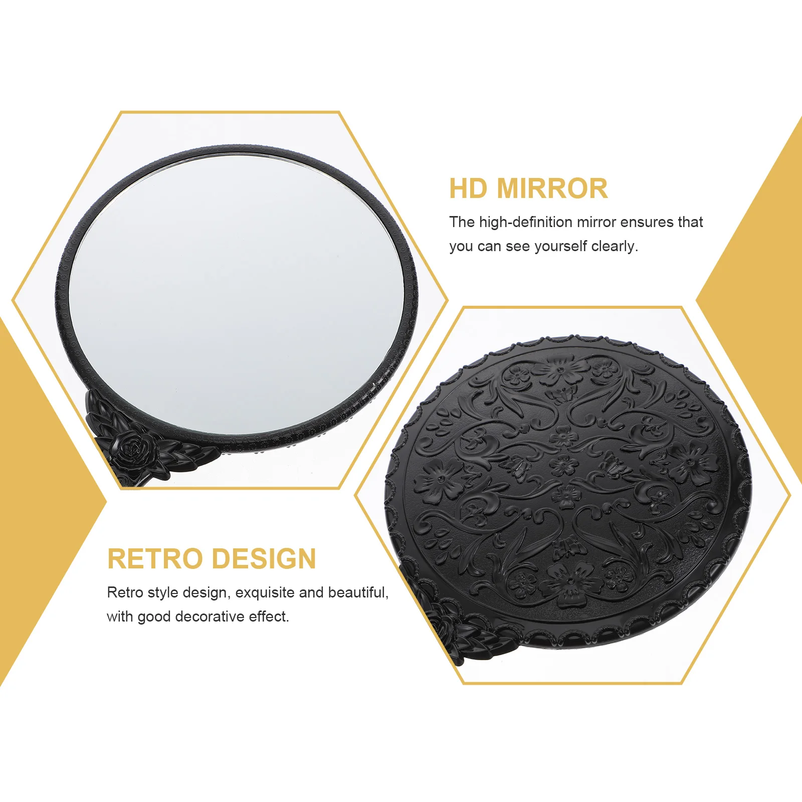 กระจกมือถือสไตล์เรโทร พื้นผิวสะท้อนแสงความละเอียดสูง ด้ามจับตามหลักสรีรศาสตร์ กระจกพกพาสำหรับใช้ในชีวิตประจำวัน ของขวัญ