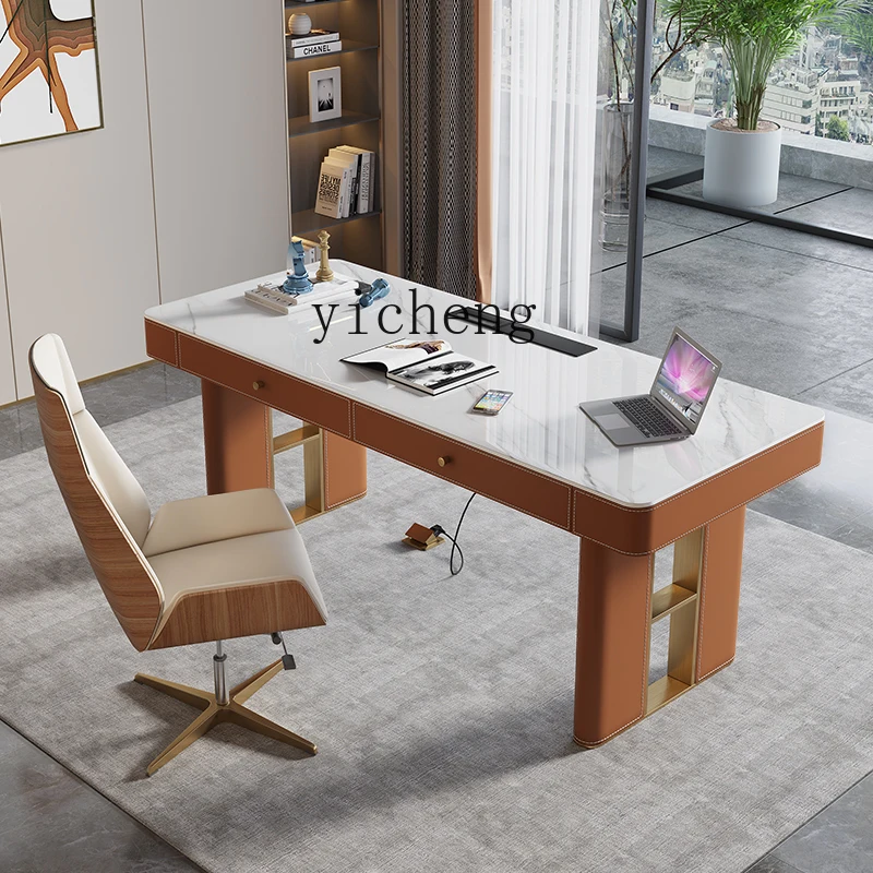 XL light luxury saddle leather desk computer table minimalist writing desk rock slab home office table and chairs