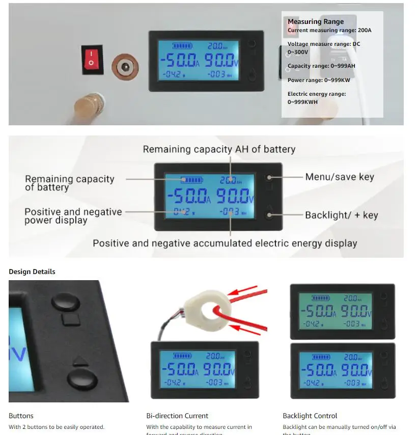 100A 200A 400A Hall Coulomb Meter Battery Monitor Charge Discharge Current Voltage Capacity Power Display 12V 24V 36V 48V 60V DC