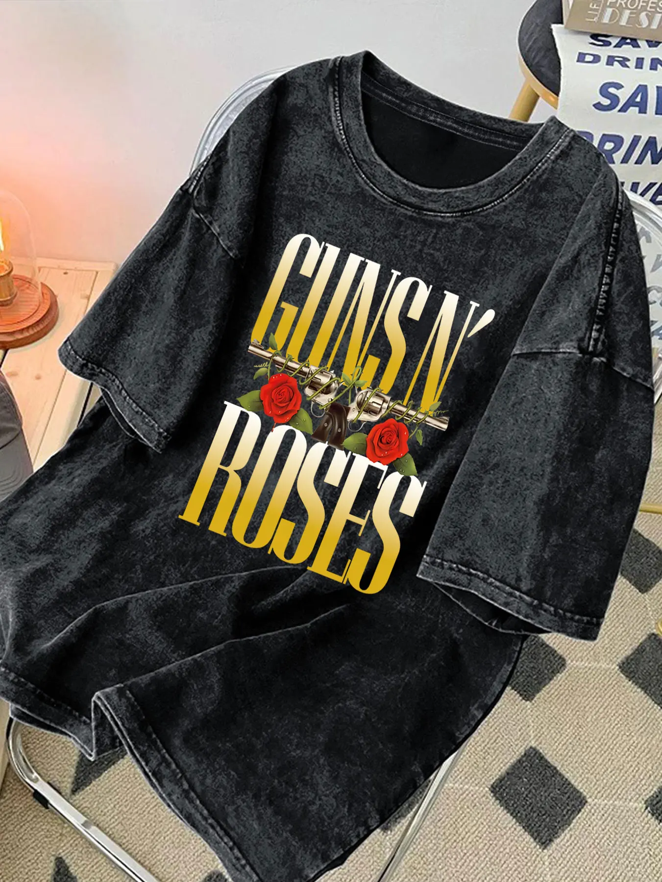 GUNS ROSES Pattern Washed Vintage T Shirts  Band Graphic Tee Unisex Fashion Y2k Top  Shirts for Women - view 5