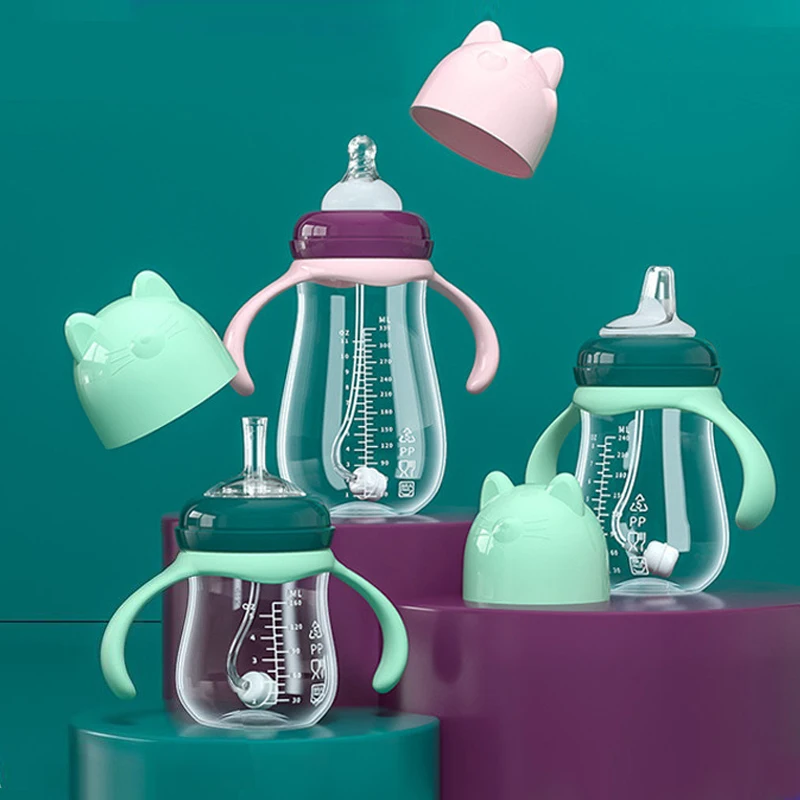 Newborn Baby Wide Caliber PP Straw Bottle Baby Plastic Drinking Bottle with Handle