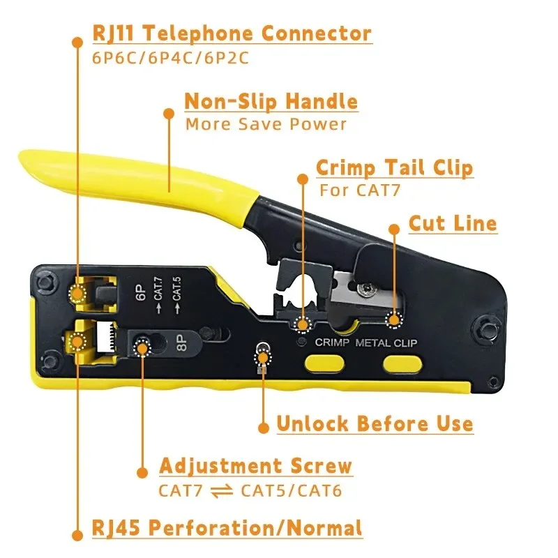 RJ45 Crimping Tool Wire Stripping Cutting Vertical Crimping Network Cable Pliers With Through-hole Cat7 Cat6 Cat5 8P6P Pliers