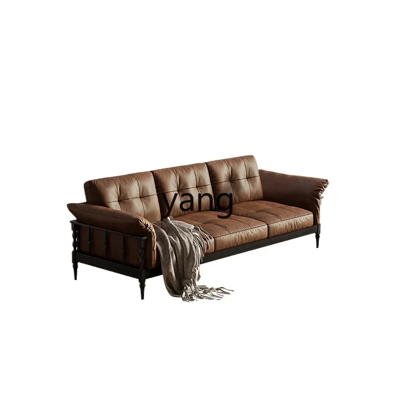 

Yjq solid wood sofa living room small apartment household three-person retro style leather straight row sofa