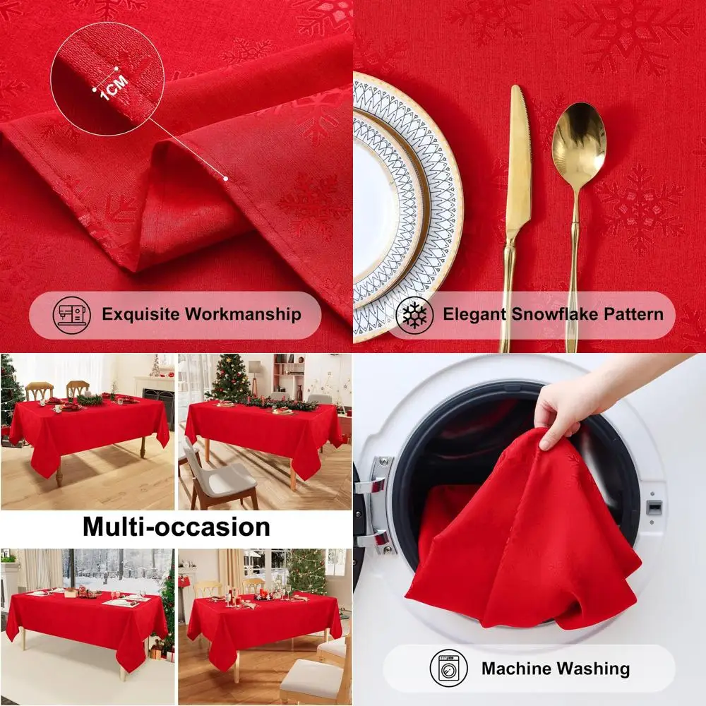

Red 60x120 Inch Waterproof Damask Tablecloth with Snowflake Patterns for Christmas and New Year Celebrations