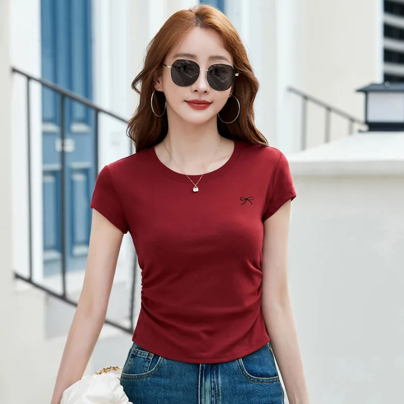 قصيرة الأكمام الجولة الرقبة المرأة تي شيرت الصيف المرأة قاعدة قميص نصف كم عادية بلون المرأة تي شيرت #3