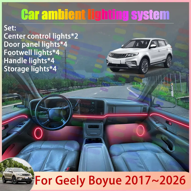 

Для Geely Boyue 2017 ~ 2026 NL-3 Atlas Emgrand X7 2/24 в 1, автомобильная атмосферная лампа, RGB абажур, ансамбль, стример, атмосферный набор