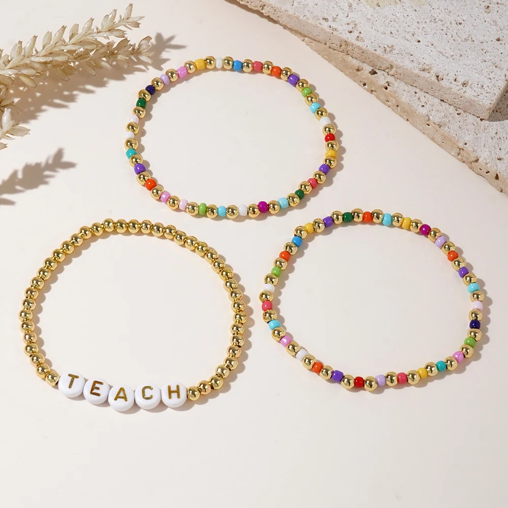 1PC Bohemian style colorful rice bead beaded letter TEACH copper bead beaded bracelet three piece set