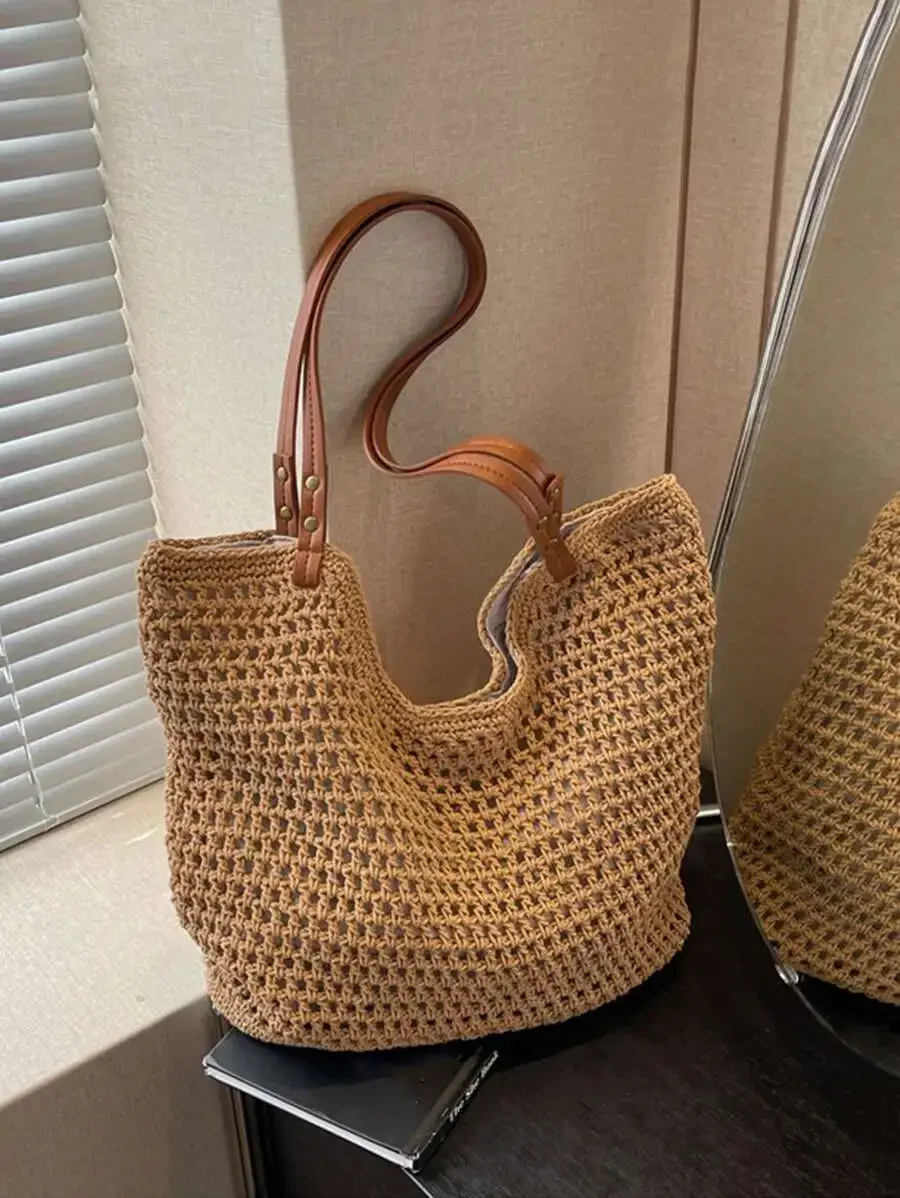 

Hollow Out Straw Woven Tote Bag For Women Large Capacity Shoulder Bag Vintage Beach Travel Shopping Bag