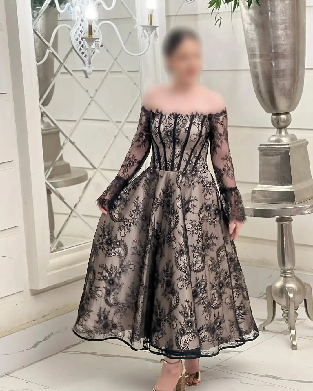 

Hot Sale Vintage Elegant Sexy Off Shoulder Fishbone A Line Midi Dress Lace Sheer Embroidery Evening Prom Formal Party Dress