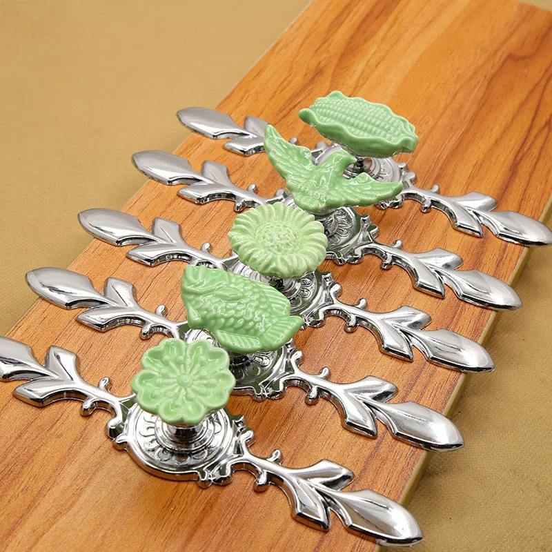 Farmhouse Nautical Cabinet Green Door Knobs Silver Metal Leaf Kitchen Pulls Ceramic Dresser Wardrobe Cupboard Furniture Handle