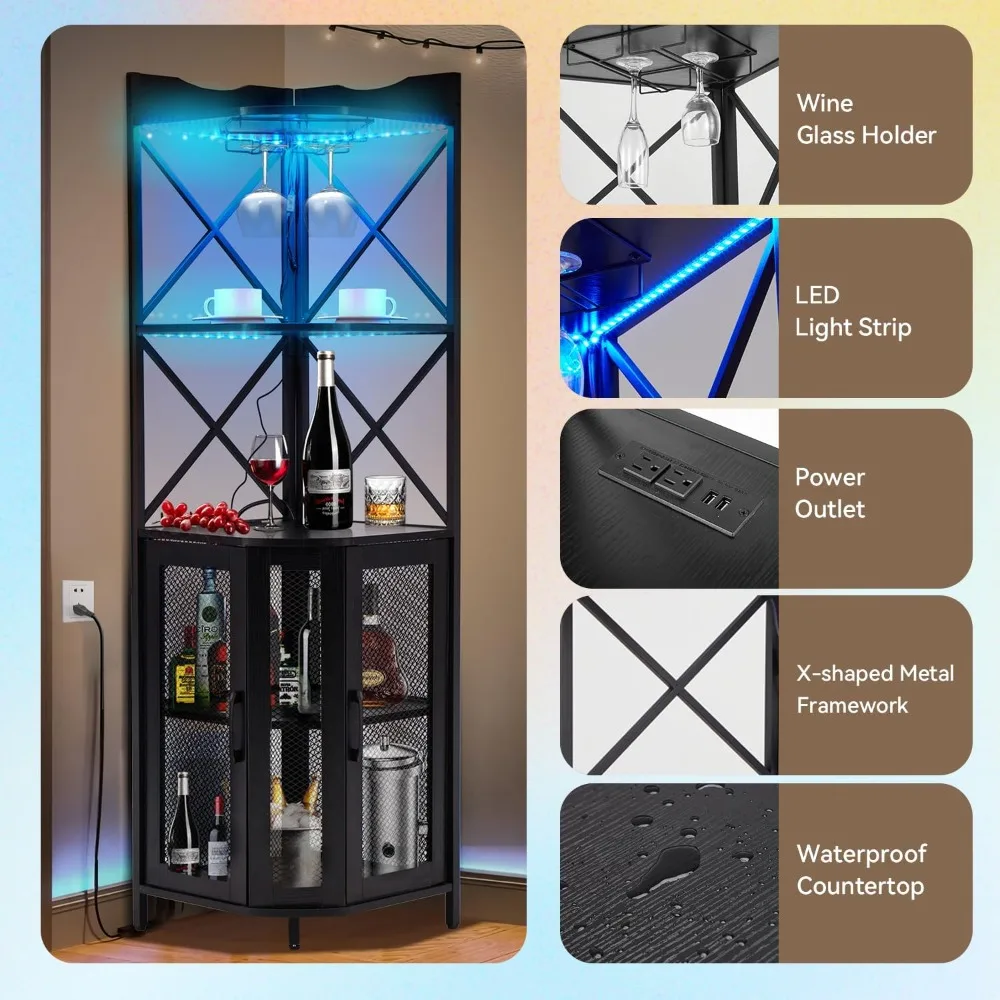 خزانة بار النبيذ من 5 طبقات مع إضاءة LED وحامل زجاجي، وحدة تخزين بار منزلية على الطراز الصناعي #5