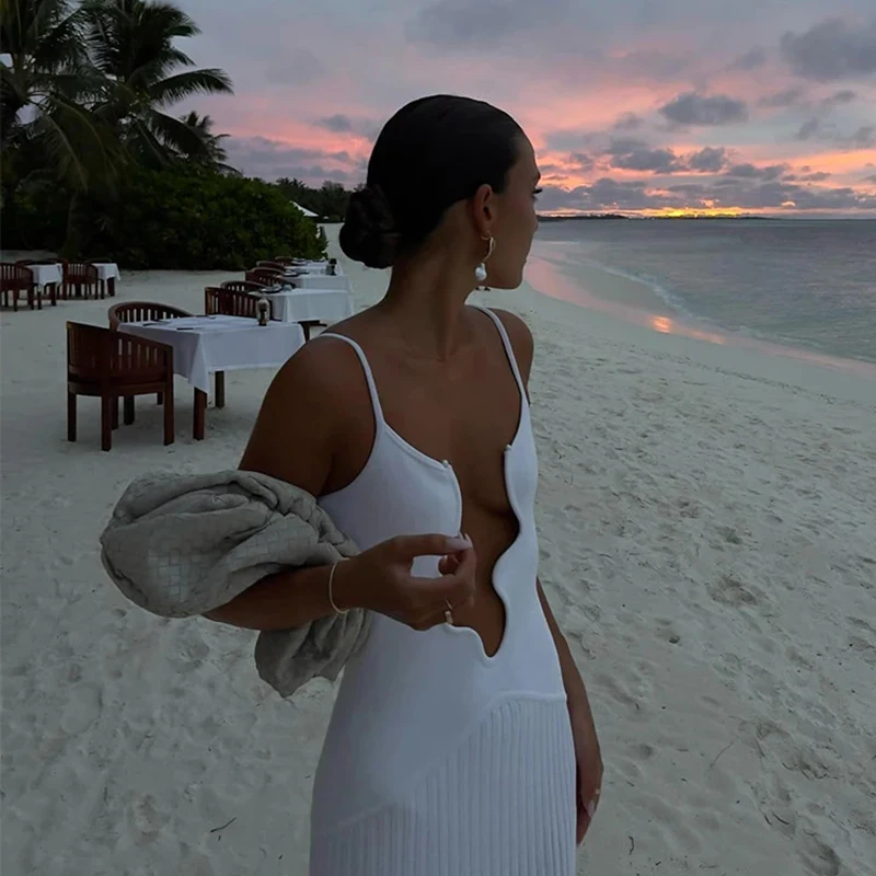 섹시한 민소매 백리스 플리츠 밑단, 2025 여성 이브닝 원피스, 우아한 단색, 불규칙한 V넥 맥시 원피스, 휴양지 슬링 원피스