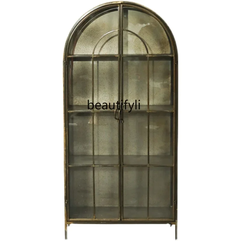 

American Style Retro Creative Wrought Iron Bookcase Metal Distressed Sideboard Cabinet Glass Wine Cabinet Multi-Layer Locker