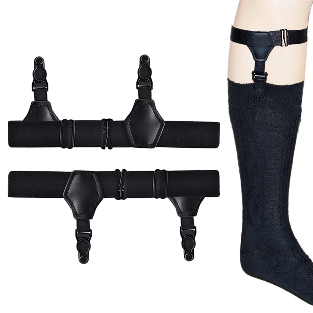 2pcs Black Sock Garters Belt for Men Women Thick Thin Socks Adjustable Elastic Non-Slip Clips Suspenders Braces Holders Hold-Up