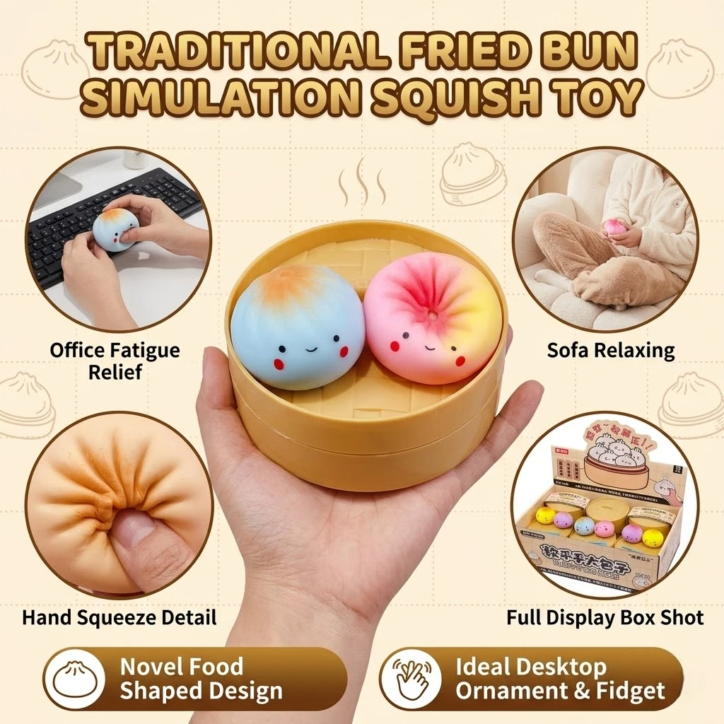 2Pcs Pan-Fried Bun Squishy Toy with Steamer Simulation Fake Food Slow Rising Squeeze Fidget Sensory Anti-Stress Adult Desk Toy