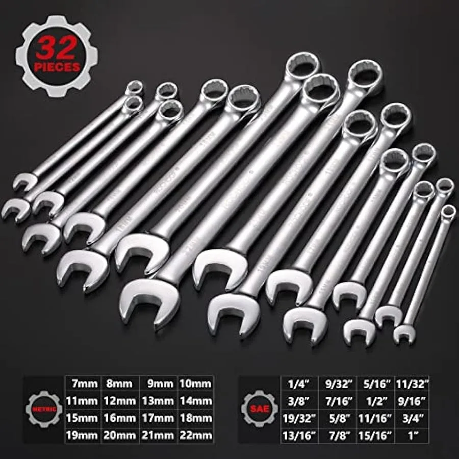 Combination Wrench Set32-Piece Chrome Vanadium Steel Wrench Set 12-Point SAE and Metric Wrenches 1 4