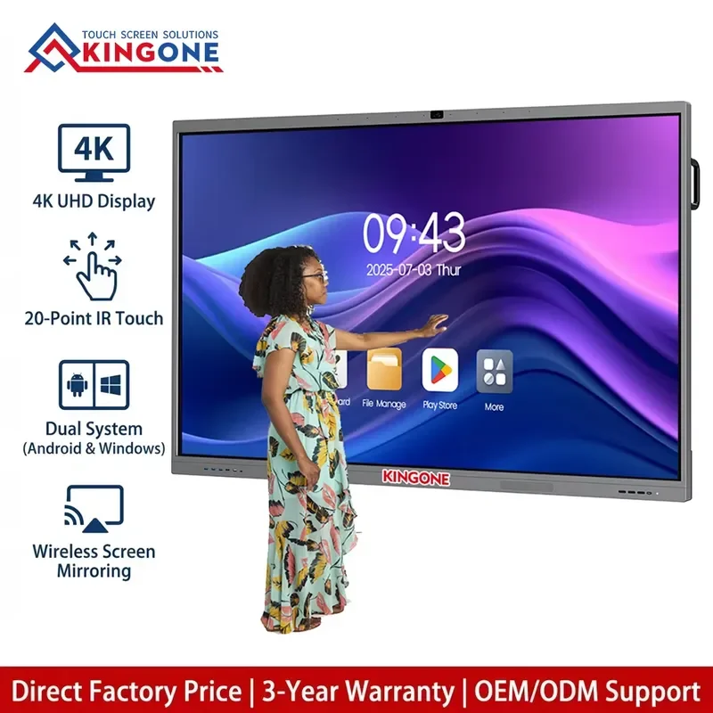 KINGONE 65/75/85 Inch 4K LCD Touch Screen All-In-One Interactive Board Smart Digital Whiteboard for Education Business