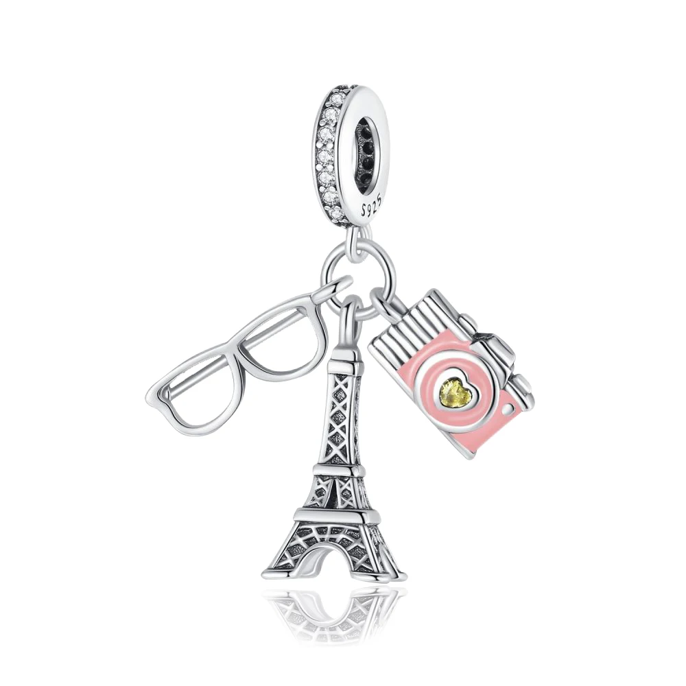 

Trendy 925 Sterling Silver Glasses Pink Camera Eiffel Tower Triple Charm Fit Pandora Bracelet Women's Photographer Party Accesso