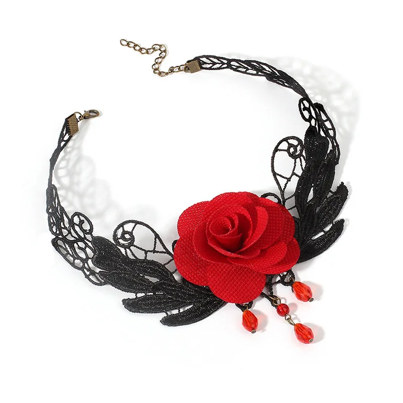 Vintage Lace Choker for Women Rose Flower Beads Tassels Necklace Clavicle Lady Jewelry Accessories Girl Gift