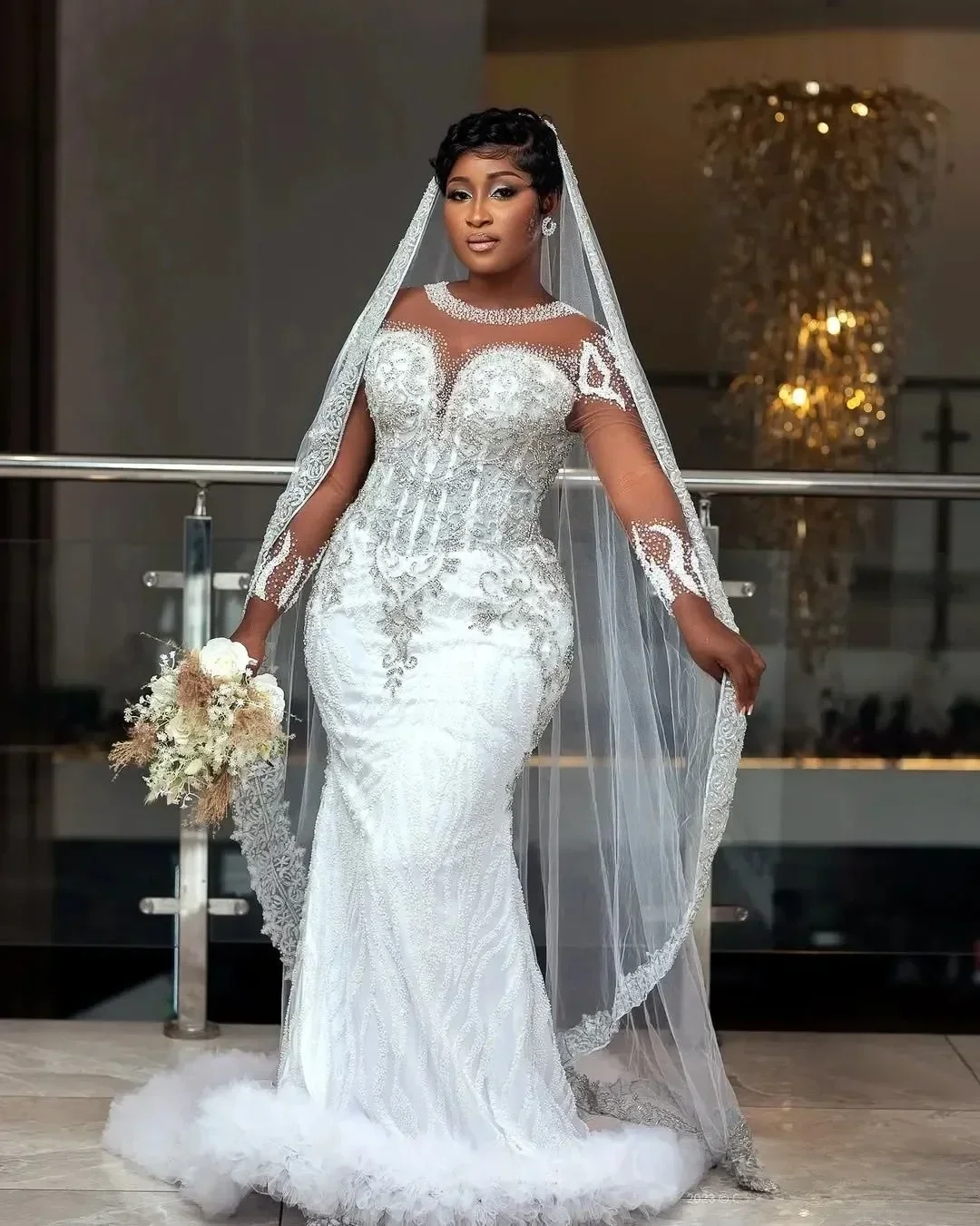 Customized Plus Size Aso Ebi Mermaid Wedding Dress Bridal Gowns Illusion Sheer Neck Long Sleeves Lace Tulle Crystal Bridal Gowns