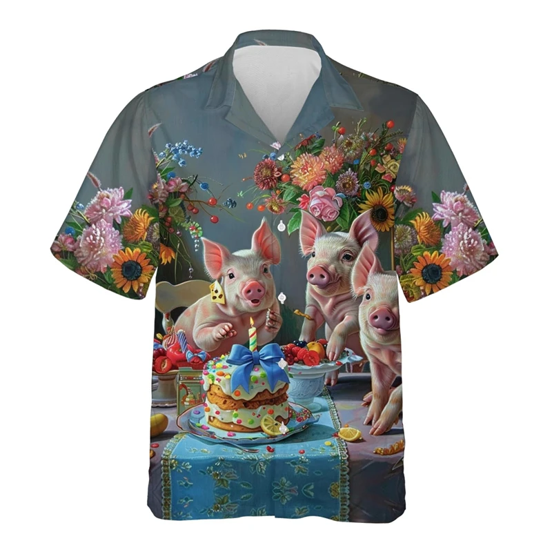 Schattige Piggy Grafische Shirts Voor Mannen Kawaii Pig Strand Shirt Grappig Dier Revers Blouse Vrouwen Vakantie Korte Mouw Unisex Blouses