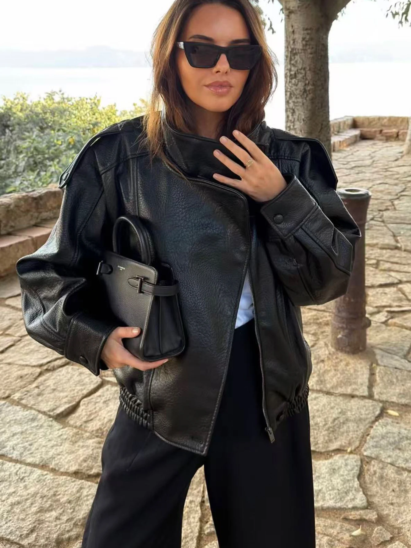 TFMLN 2025, Damen-Jacke aus Kunstleder, lockere Jacke, High Street, Stehkragen, Langarm, Mantel, modisch, kausal, Reißverschluss, Oberbekleidung, Herbst und Winter