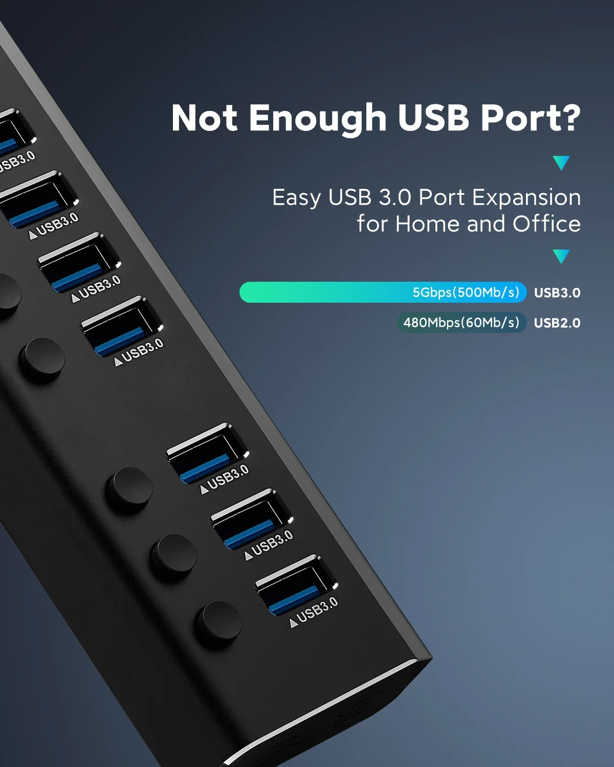 Imagem -03 - Rshtech-usb Hub com Adaptador de Energia 5gbps Portas Divisor de Dados Usb 3.0 12v 2a Interruptores Individuais Ligados e Desligados Expansor de Porta