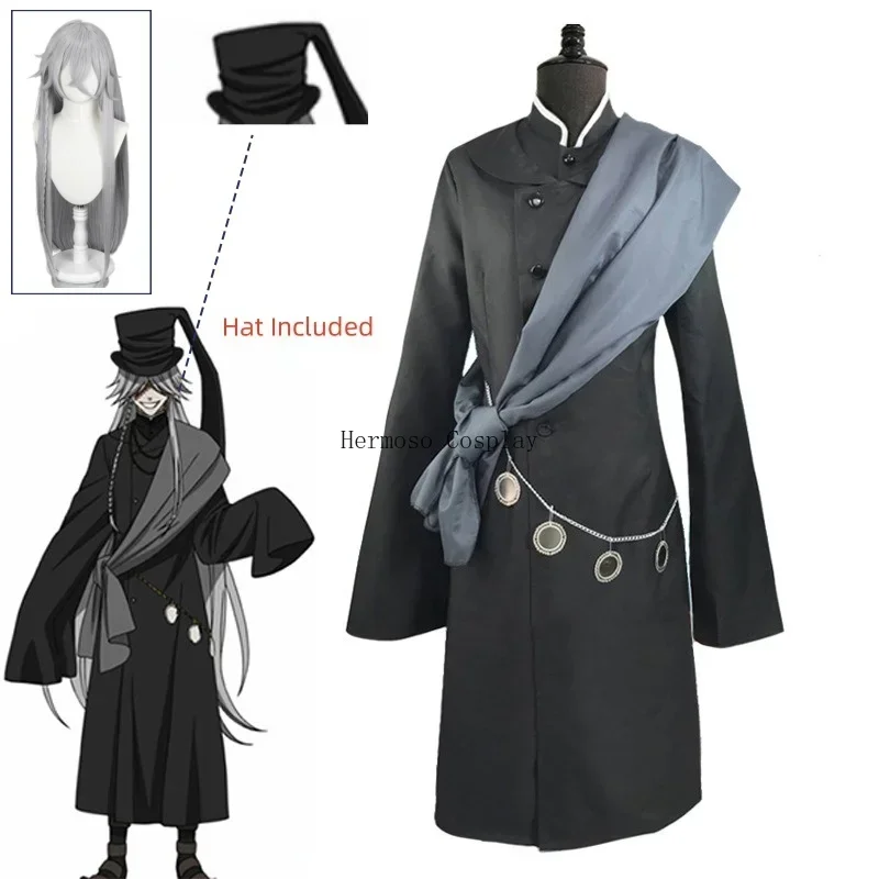 SN88 Anime Black Kuroshitsuji Undertaker Cosplay Costume Long Wig Halloween Party Costume Full Set Chain Hat Anime Cosplay Costu
