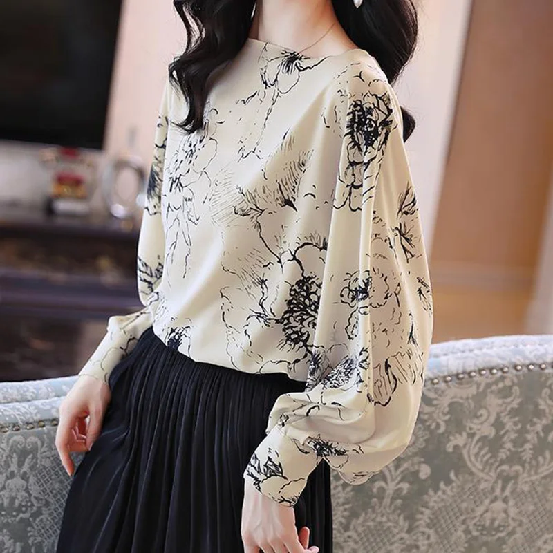 French Style Original Design Fashion Casual Printed Long Sleeved Shirt Autumn New Vintage Elegant Loose Round Neck Women\'s Top