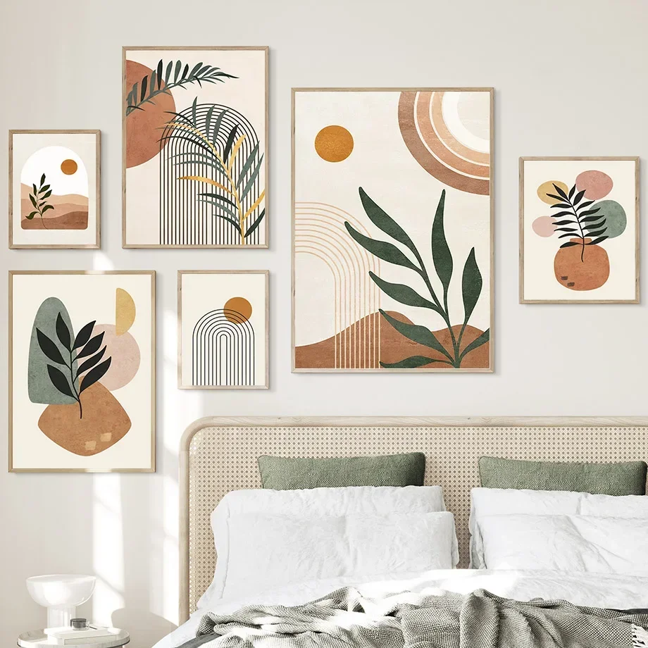 Multi-size 1PC frameless high-definition decorative paintings,Plant Leaves Sun Line Geometry Boho Abstract Gallery Nordic Wall A