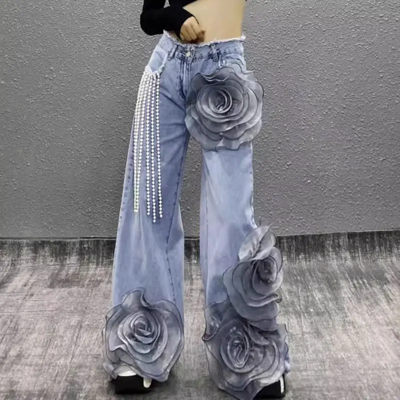 

Jeans For Women 2025 Summer New Style Trendy Versatile Fashionable Street Style Three-Dimensional Large Flower Long Pants Female