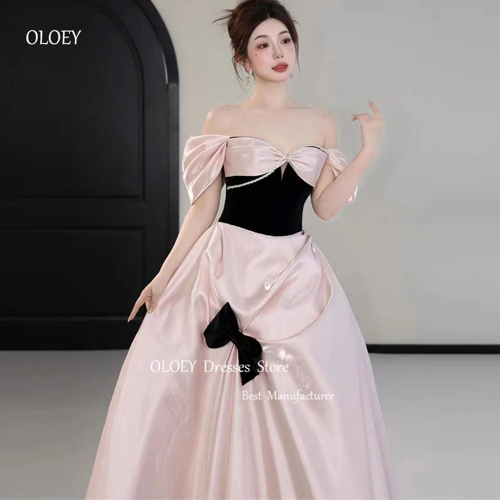 OLOEY-vestidos de noche con hombros descubiertos de princesa rosa, Mangas de sesión de fotos de Corea, vestidos de satén de seda con lazo, vestido de fiesta de boda