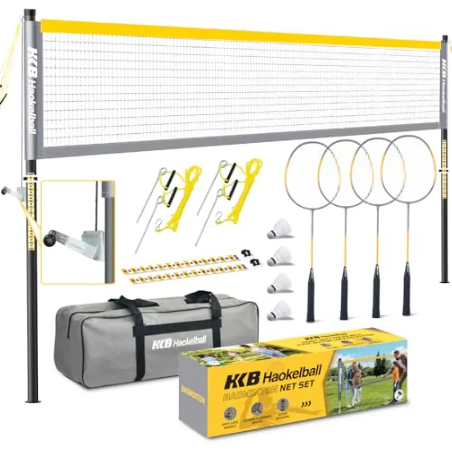 Backyard outdoor badminton set: heavy-duty anti-sag net premium carbon fiber rackets set of 4 shuttlecocks portable carry bag g