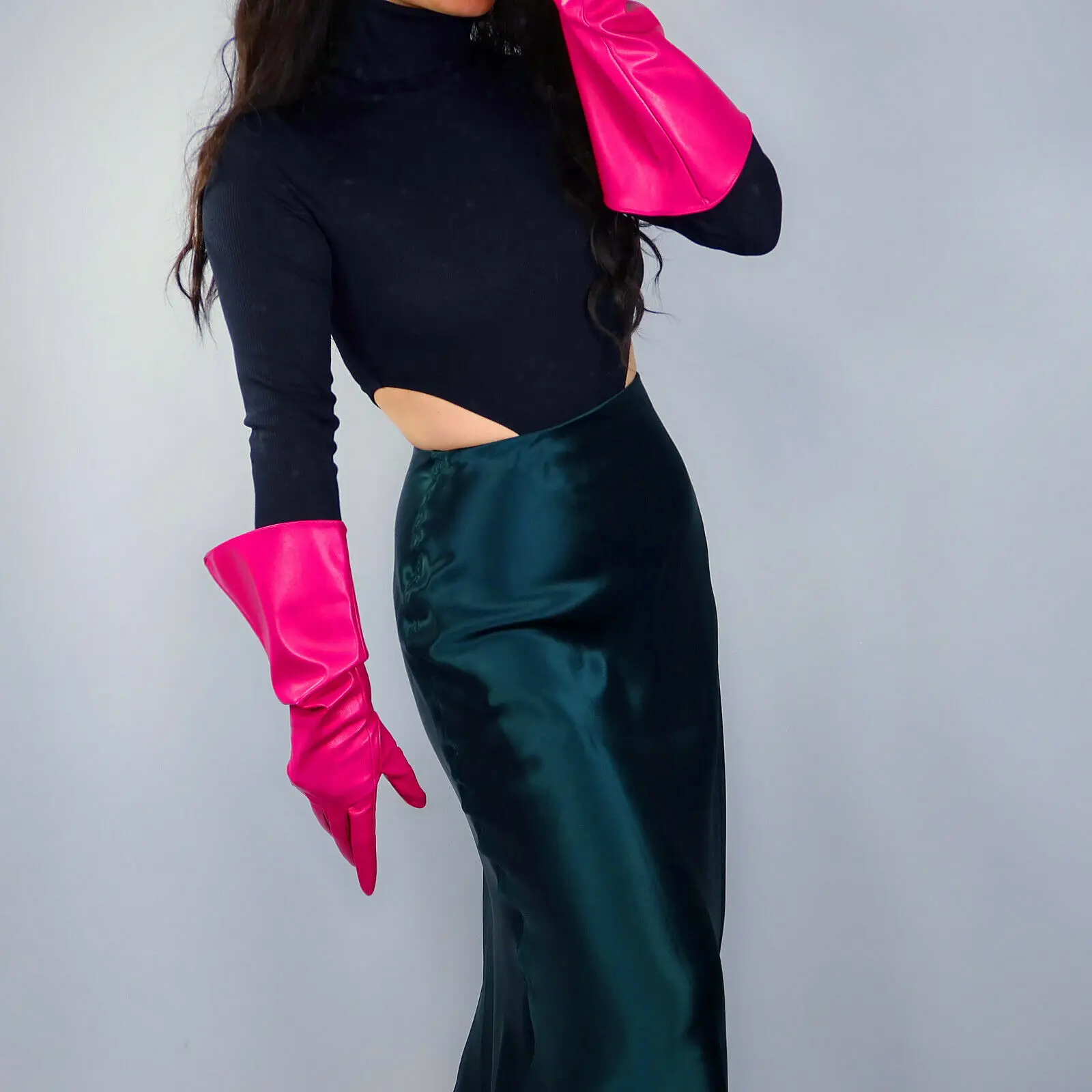 Unisex Mode-Handschuhe Puffärmel 38cm Ellbogenlange Lose Kunstleder PU Abend-Party-Handschuhe Halloween-Kostüm Cosplay-Handschuhe