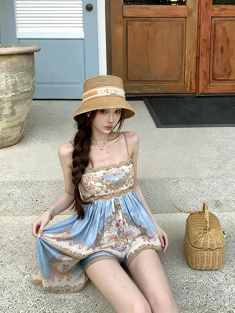 

Blue Floral Print Halter Dress Women's Slim Fit Vacation Style Beautiful New Model Heavy Industry High Waist A-Line Skirt