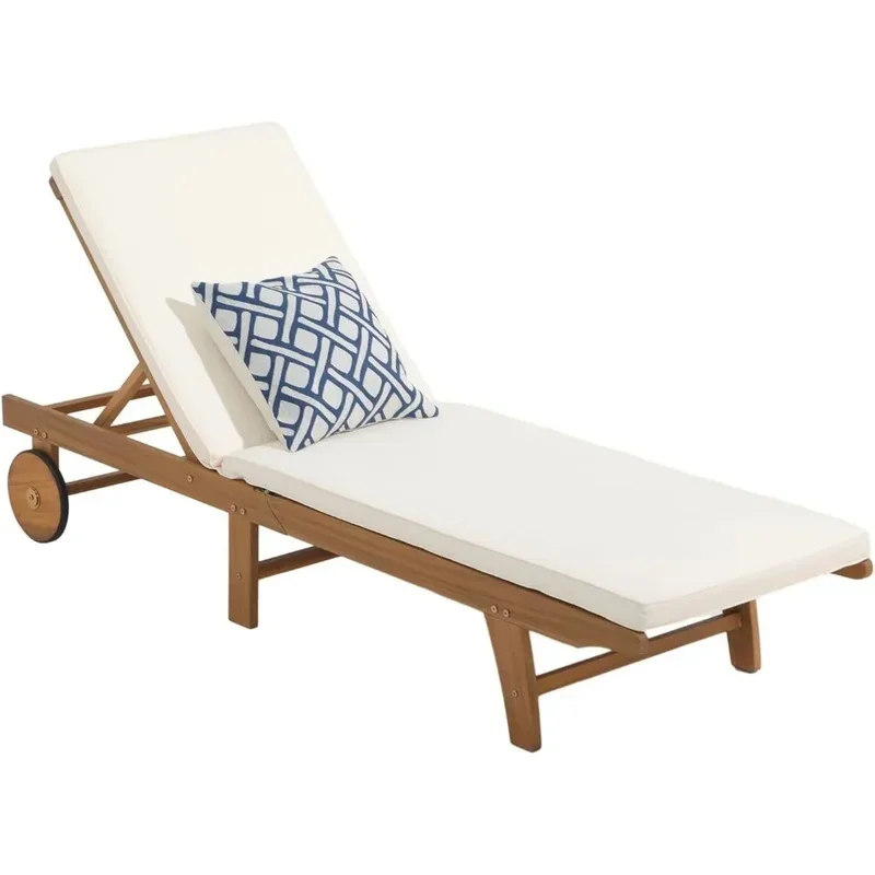 

Acacia Wood Chaise Lounge with Padded Cushion, Adjustable Backrest, and Wheels - Outdoor Folding Recliner Chair