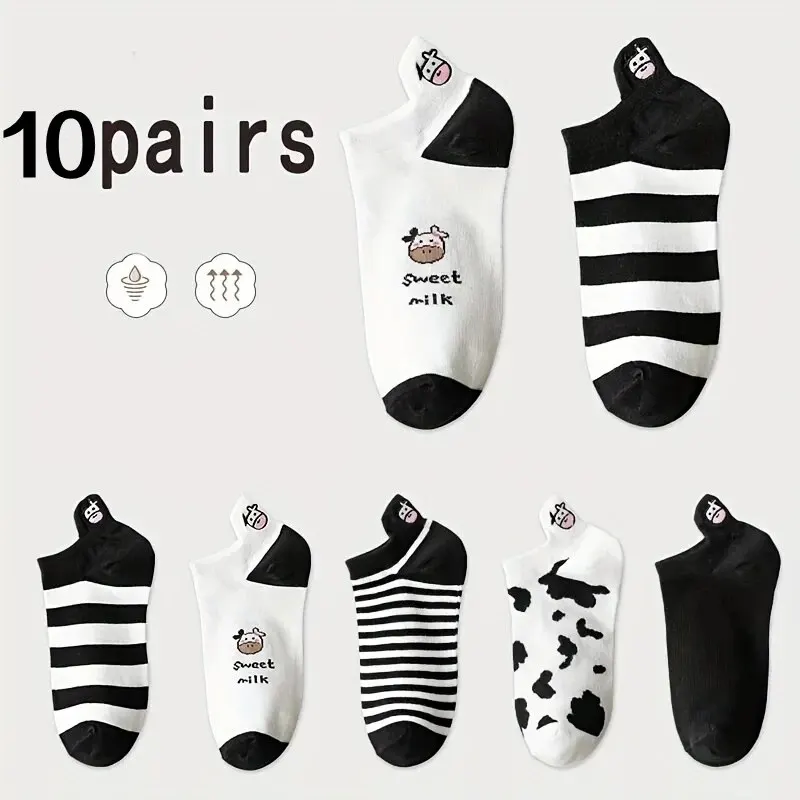 10 Pairs Womens Socks Lovely Cow Pattern Short Socks Creative Printing Socks Ankle Sock Casual Sports Socks